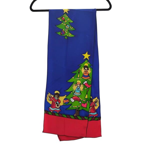 Hand Painted Silk Christmas Scarf Tree Angels Blue Red Green Made in USA - Picture 1 of 5